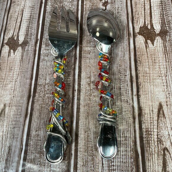 HANDCRAFTED Beaded Artisian Dream Jeweled Serving Spoon & Fork With Glass Stones - Picture 2 of 4